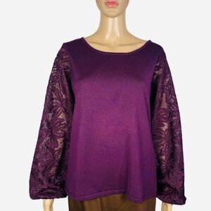 NWT New $89 Adrianna Papell Purple Knit Lace Balloon Sleeve Top Size L